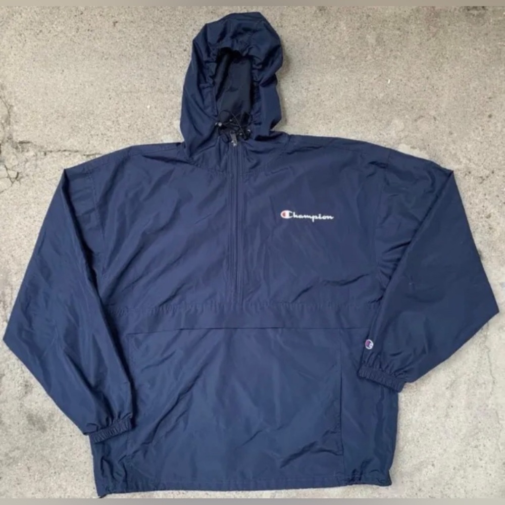Champion Navy Blue Windbreaker Hoodie Water-Resistant Jacket Anorak X Large